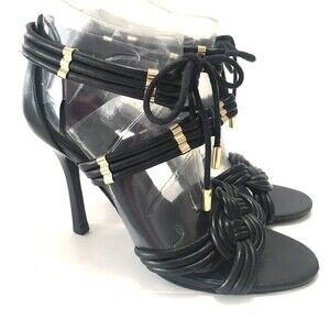 Tory Burch Adriana Leather Heels Strap Stilletto Sandal Peep Toe Sz 6 Black Gold